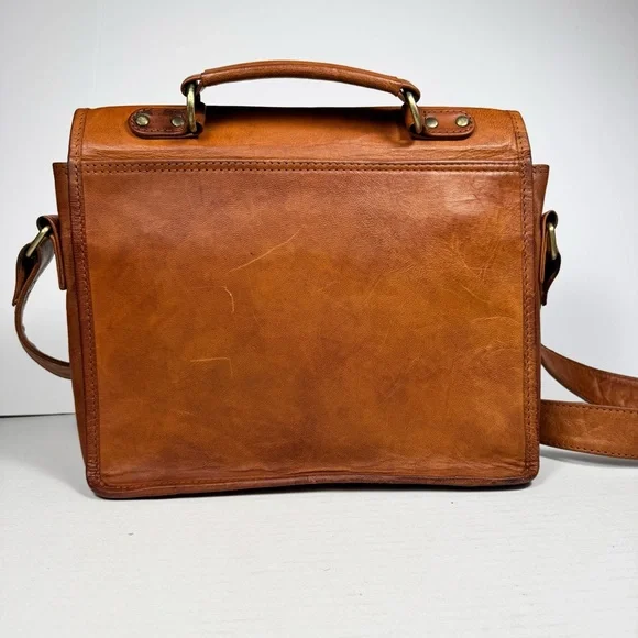 Vintage Distressed Cognac Leather Satchel Messenger Work Bag Laptop Brown - Picture 4 of 10